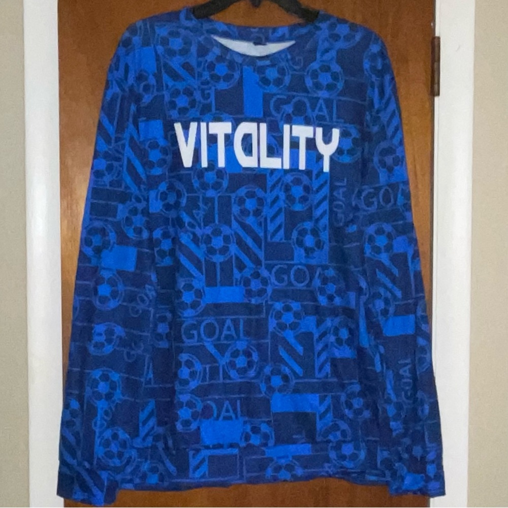 2xl(44) men soccer graphic long sleeve blue shirt